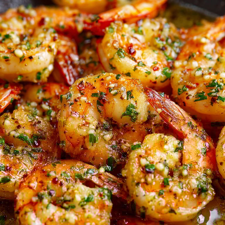 A plate of shrimp with garlic butter and herbs.
