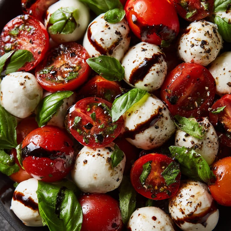 A bowl of food with tomatoes, cheese, and basil.