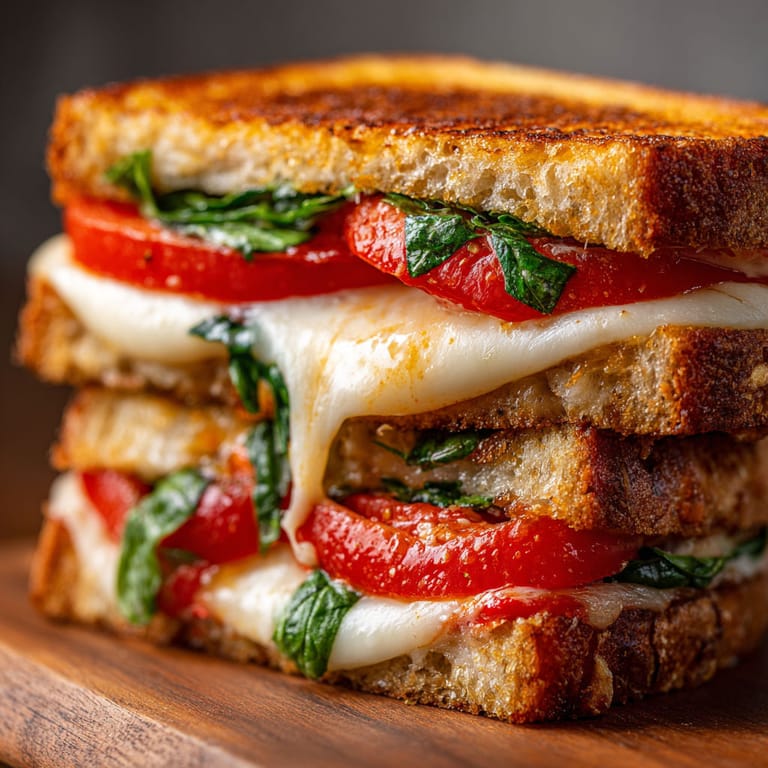 A sandwich with tomatoes, spinach, and cheese.