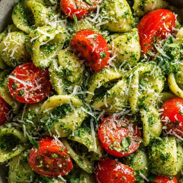 A bowl of pasta with tomatoes and basil.