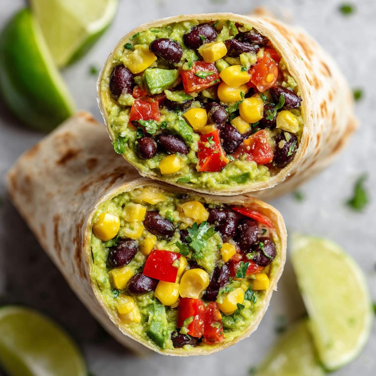 A burrito with black beans, corn, and tomatoes.