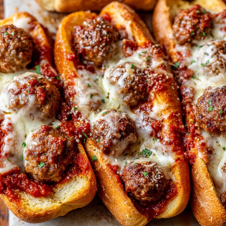 A close up of a meatball sub with sauce and cheese.