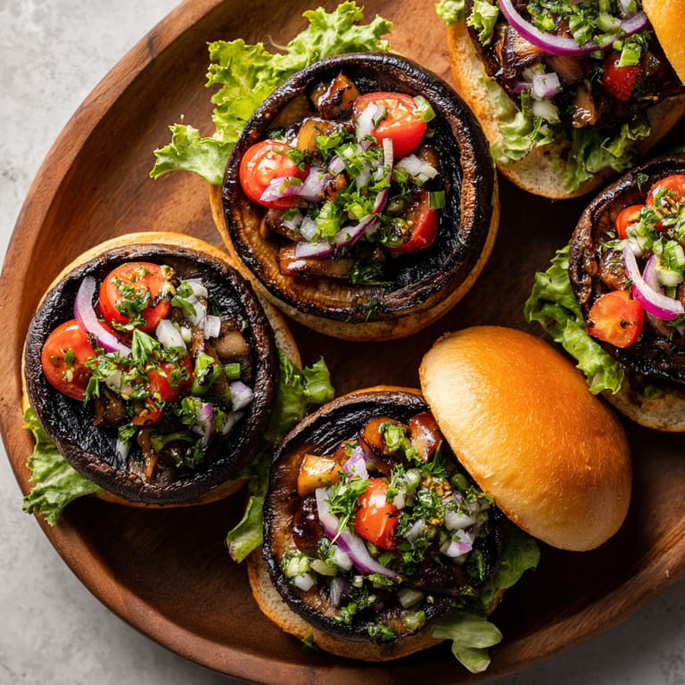 Grilled Portobello Mushroom Burgers on a wooden platter.