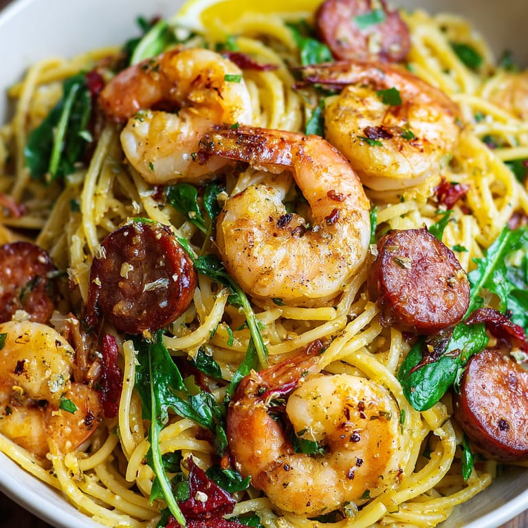 A bowl of shrimp and pasta.