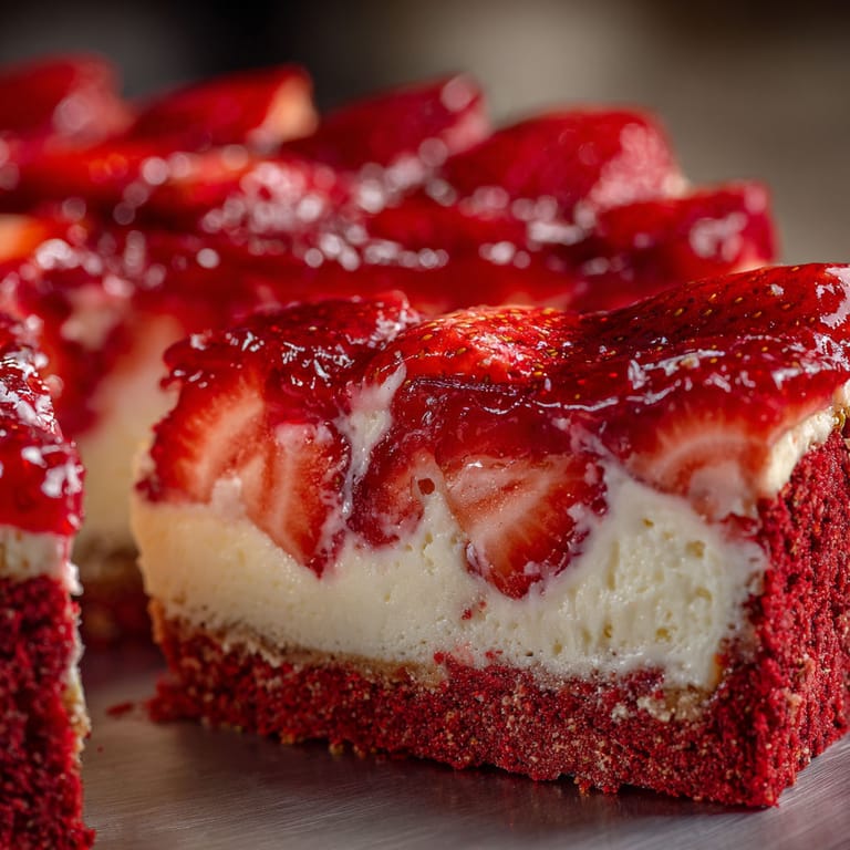 A slice of cake with strawberries on top.