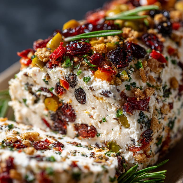 A log of cream cheese with various toppings.