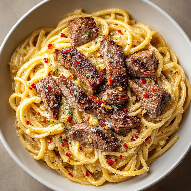 A bowl of pasta with meat and peppers.