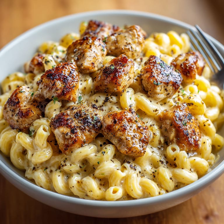 A bowl of pasta with chicken and cheese.