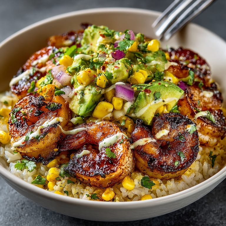 A bowl of food with shrimp and corn.