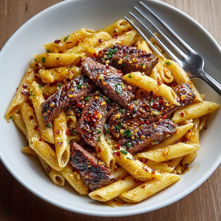A plate of pasta with meat and spices.