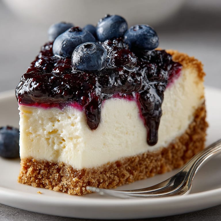A slice of blueberry cheesecake on a plate.