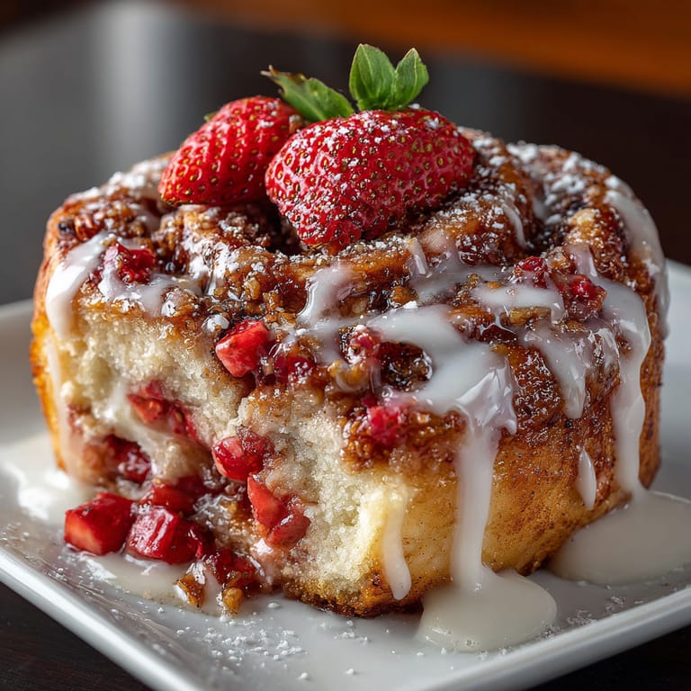 A plate of strawberry cinnamon rolls.