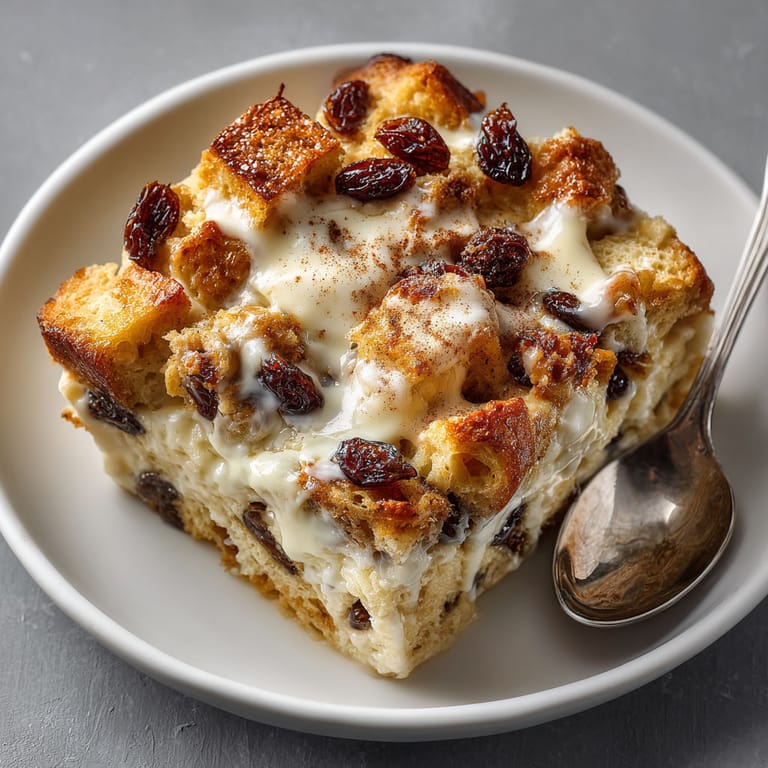 A slice of cinnamon-raisin bread pudding.