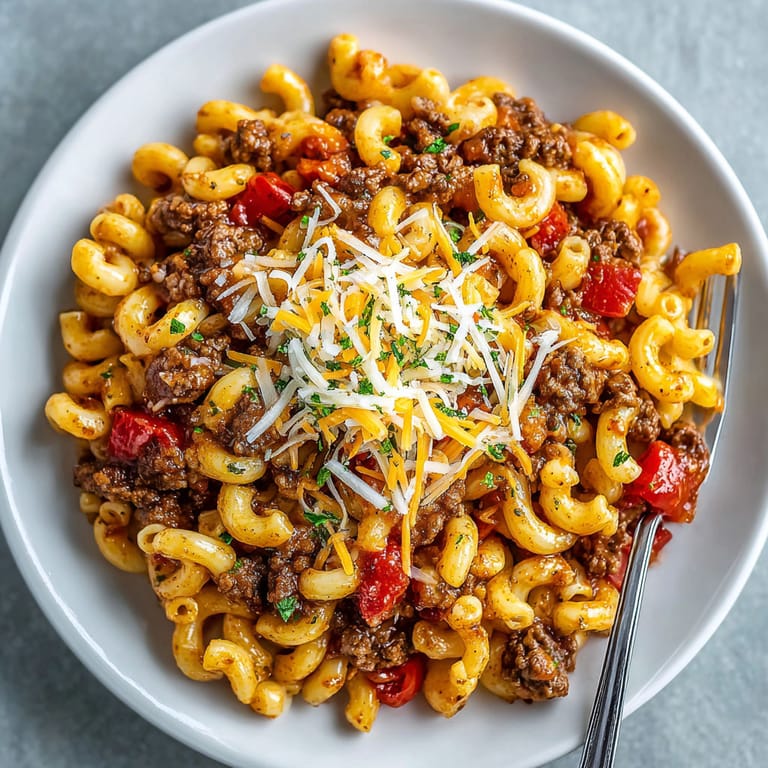 A plate of macaroni and cheese with meat on top.