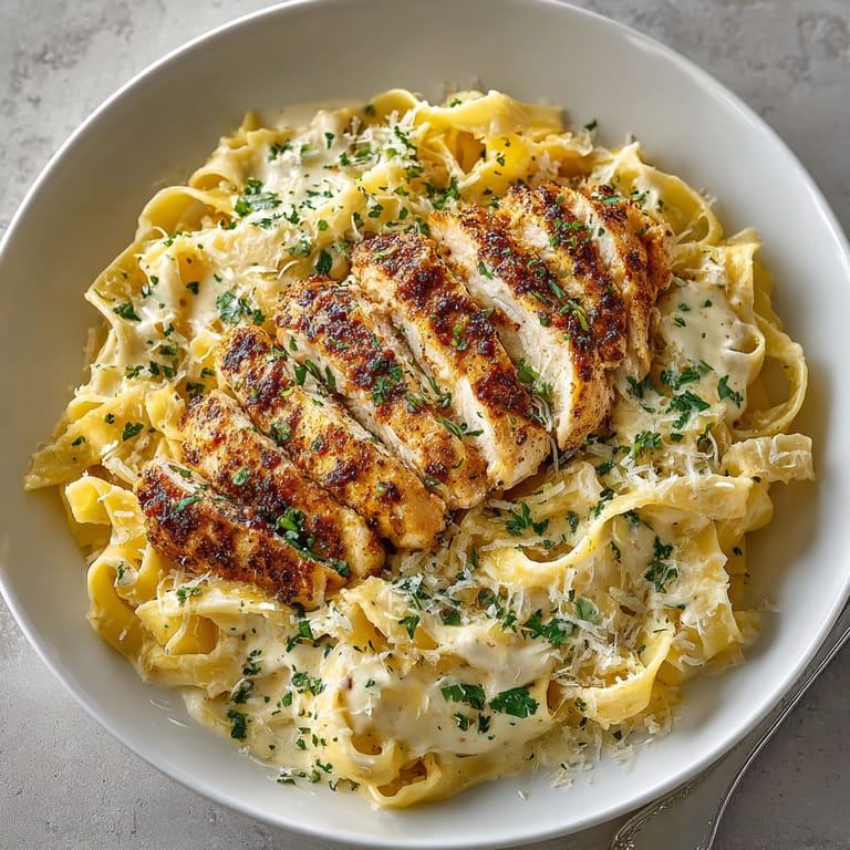 A plate of pasta with chicken and cheese.