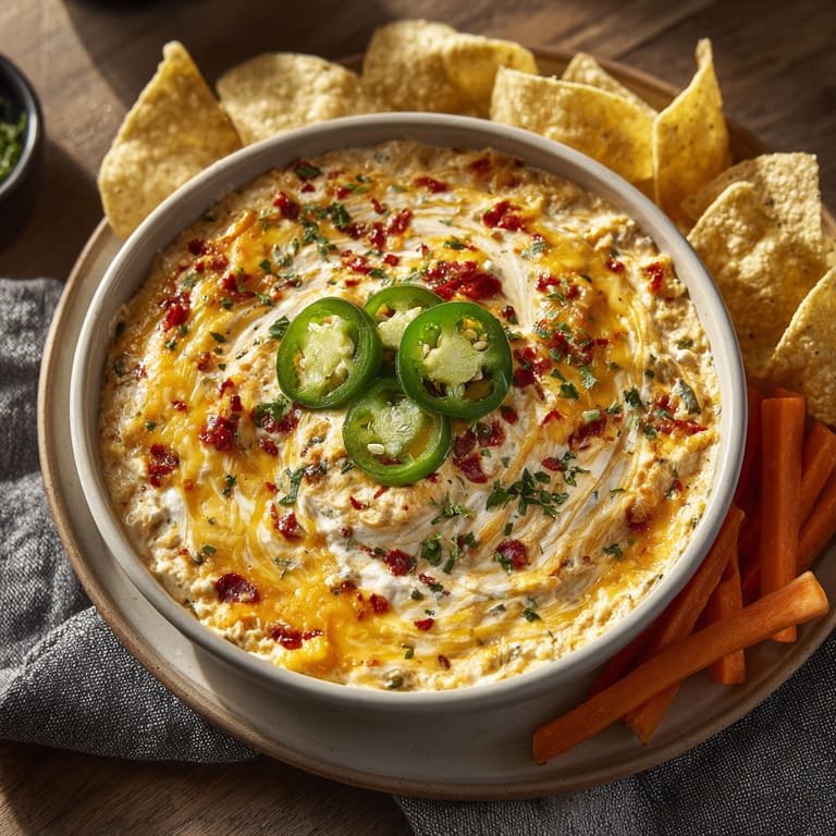A bowl of dip with jalapenos on top.