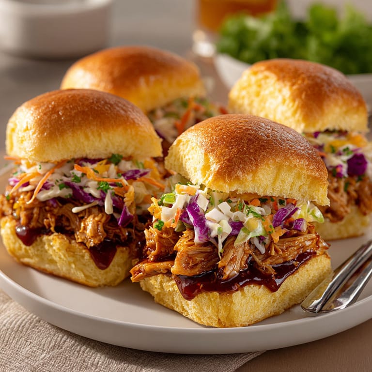 Three BBQ chicken sliders with tangy coleslaw.