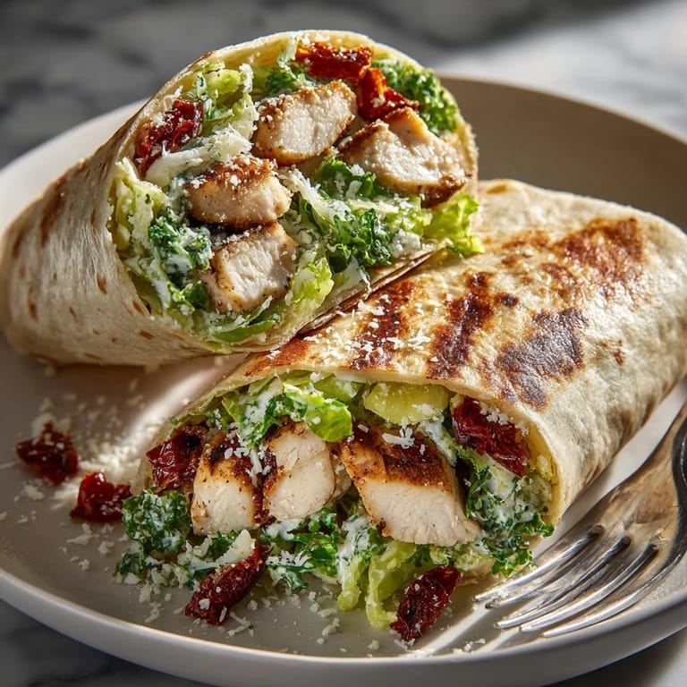 Fresh Spicy Chicken Caesar Wraps packed with grilled chicken, crunchy romaine, and parmesan cheese