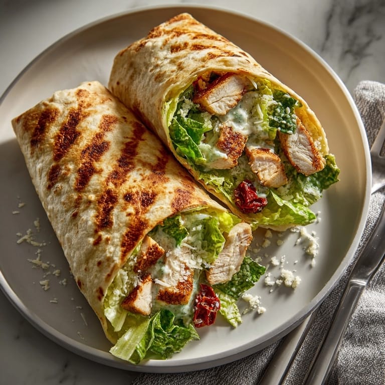 Close-up of Spicy Chicken Caesar Wraps served with Caesar dipping sauce and a sprinkle of pepper