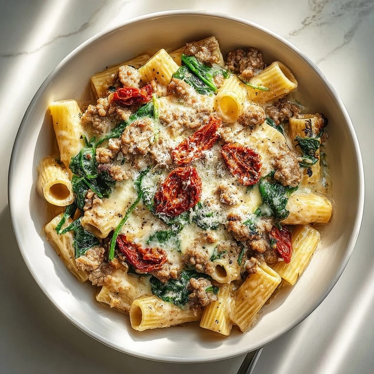 Close-up of Creamy Tuscan Sausage Pasta Bake, creamy sauce coating golden, baked noodles