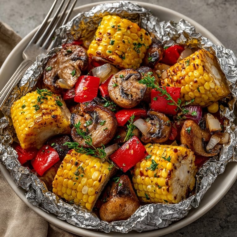 Juicy BBQ mushroom and sweet corn foil packs glistening with melted butter outdoors