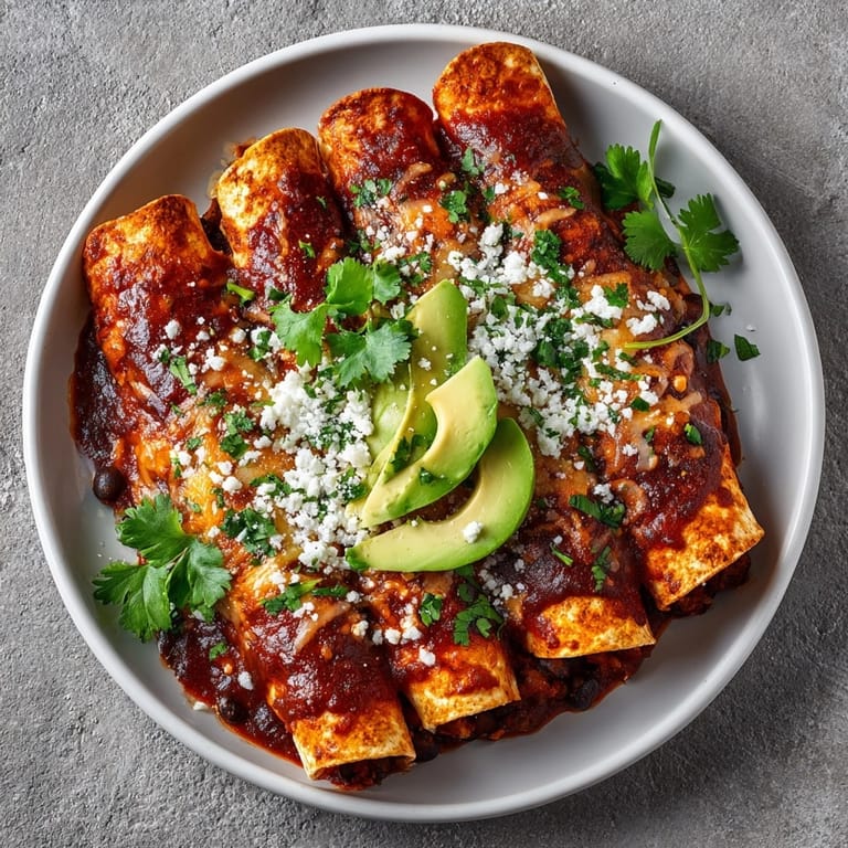 Homemade sweet potato black bean enchiladas featuring a rich, smoky red enchilada sauce