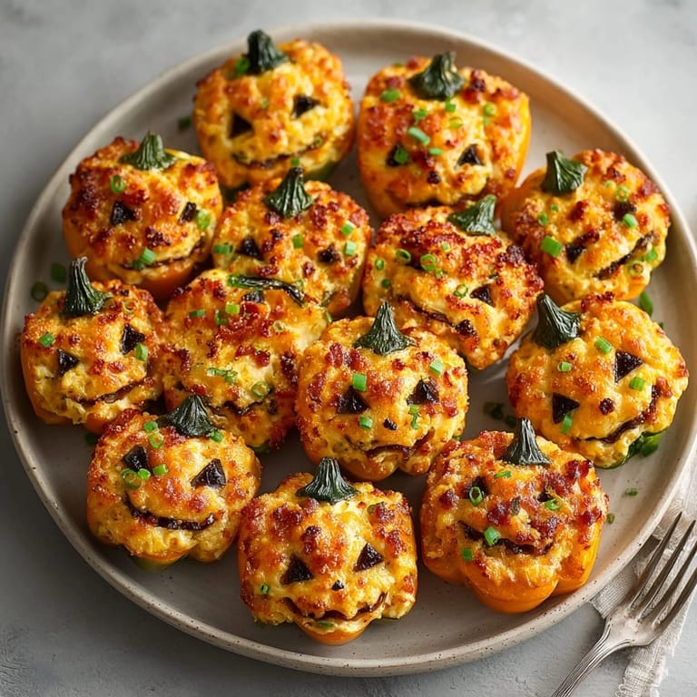 Easy Halloween Stuffed Jalape&ntilde;os recipe: Creamy, smoky appetizer with festive Jack-o'-Lantern faces.