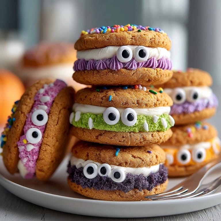 Close-up of a frosted pumpkin spice whoopie pie, decorated like a silly monster.