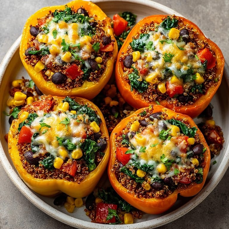Overhead shot of festive Vegan Jack-o'-Lantern Stuffed Peppers, showcasing their colorful filling inside.