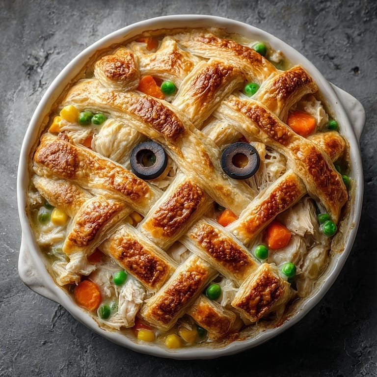 Homemade Mummy Chicken Pot Pie, flaky crust detail showing herbs, warm, inviting.