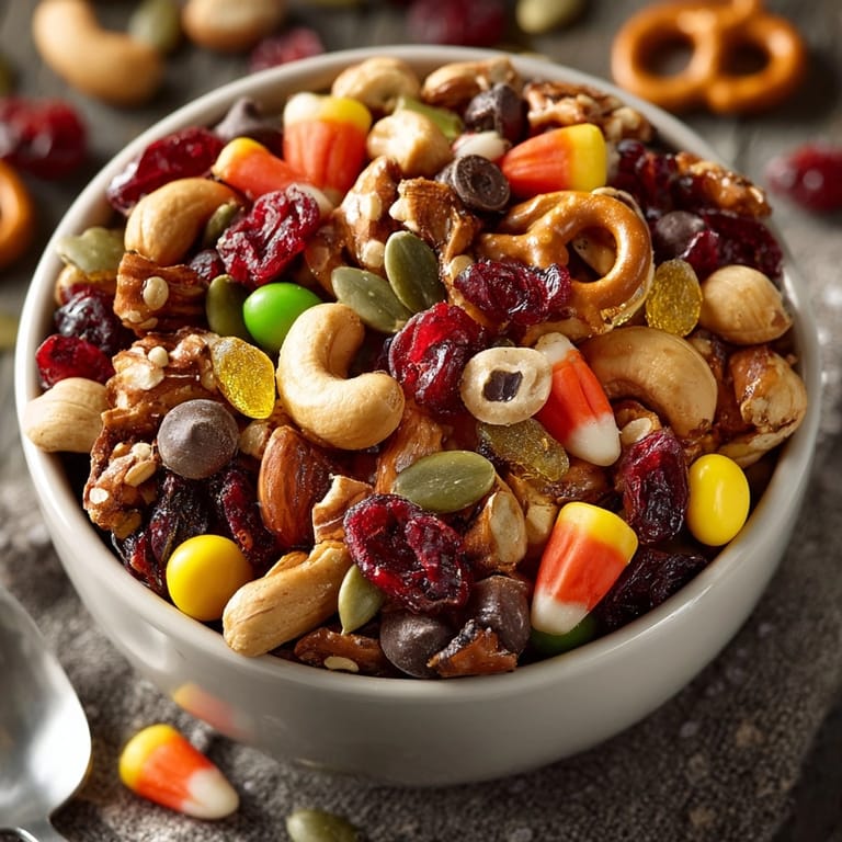 Homemade Trick-or-Treat Trail Mix, a festive blend of sweet and salty seasonal treats.