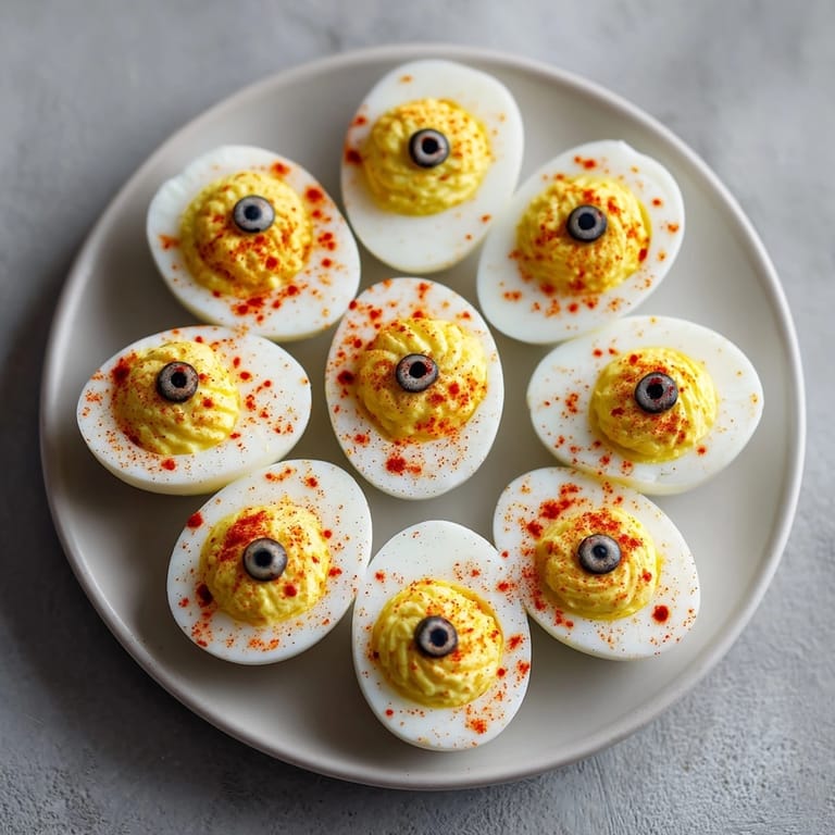 Perfect Halloween snack: Homemade Monster Deviled Egg Eyeballs, a fun, eerie variation.
