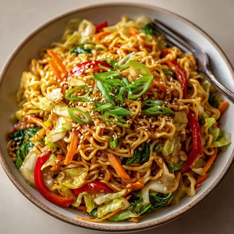 Golden brown Cabbage Stir Fry with Ramen, glistening showing the rich, umami hoisin sauce.