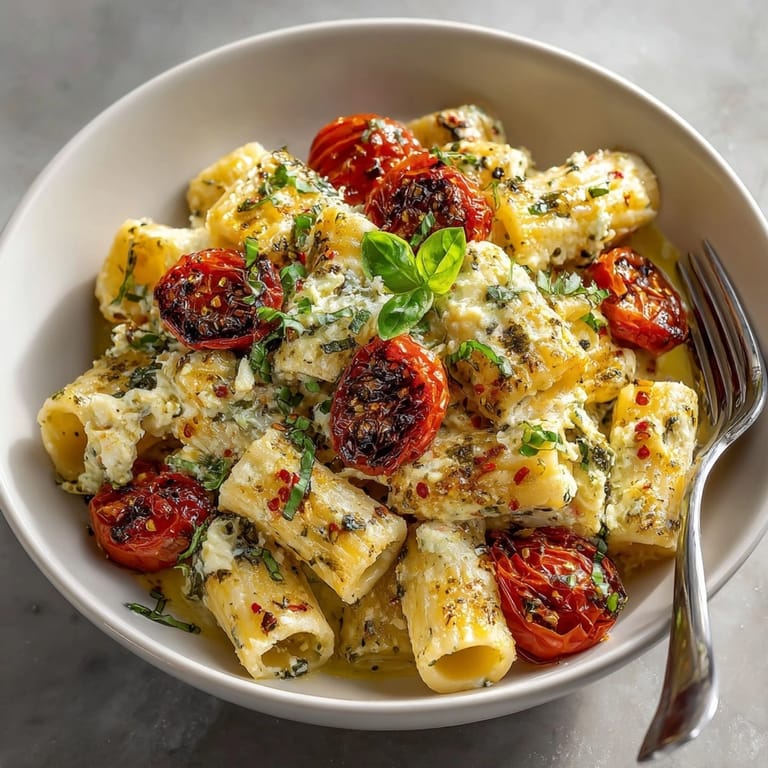 Golden Lazy Girl&amp;rsquo;s Feta Pasta Bake with burst cherry tomatoes&amp;mdash;a simple comforting vegetarian dinner.