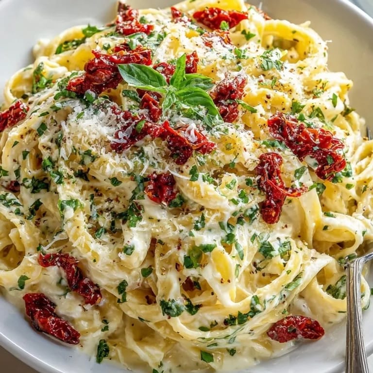 Close-up of Sun-Dried Tomato Alfredo Pasta, garnished with basil and grated parmesan ready to serve.