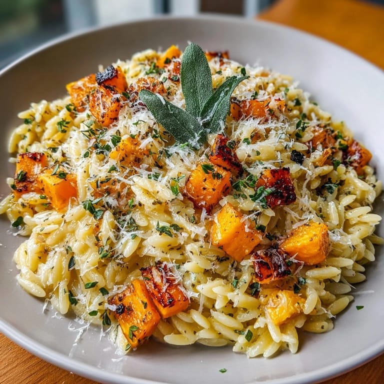 Warm, savory Orzo with Butternut Squash and Sage, topped with fresh Parmesan.