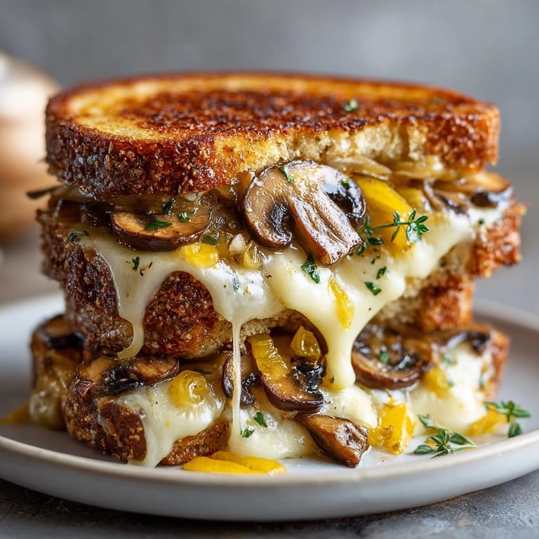 Stacked Mushroom Swiss Grilled Cheese sandwich half offers a peek at the savory filling.