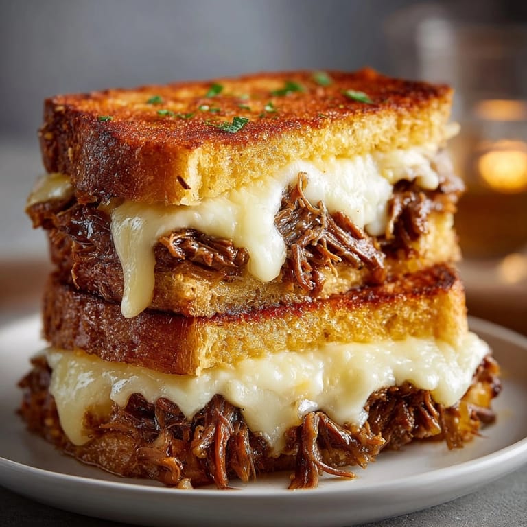 Homemade short rib grilled cheese: tender shredded beef and melted cheddar on toasted bread.