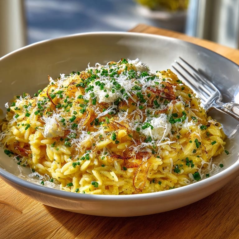Warm bowl of Orzo with Caramelized Onions and Goat Cheese, a comforting pasta supper.