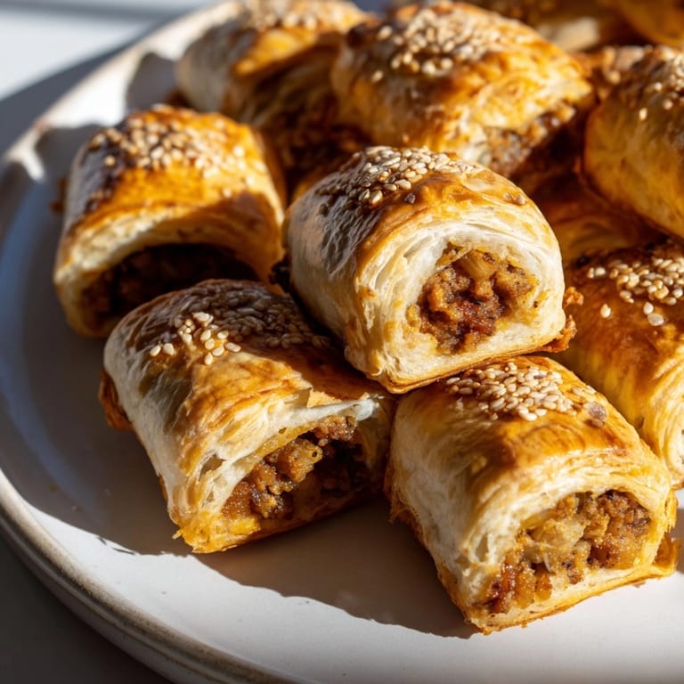 Close-up of flaky Caramelized Onion Sausage Rolls, the pork filling visible, warm and aromatic.