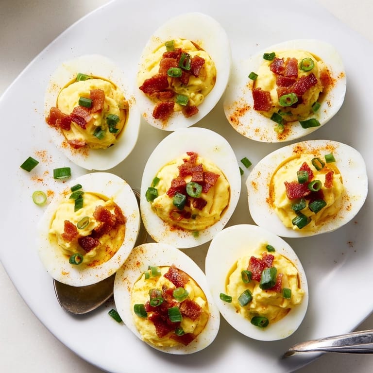 American recipe for Deviled Eggs with Bacon &amp; Jalapeño, garnished with paprika and chives.