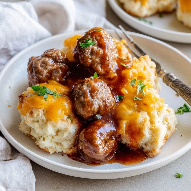 Comforting American BBQ Meatball Biscuit Bake, golden biscuits, cheddar aroma coming from oven.