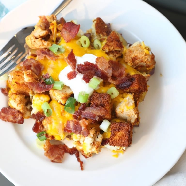 Close-up of a finished Cajun Chicken Loaded Potato Bake, piled high with toppings.