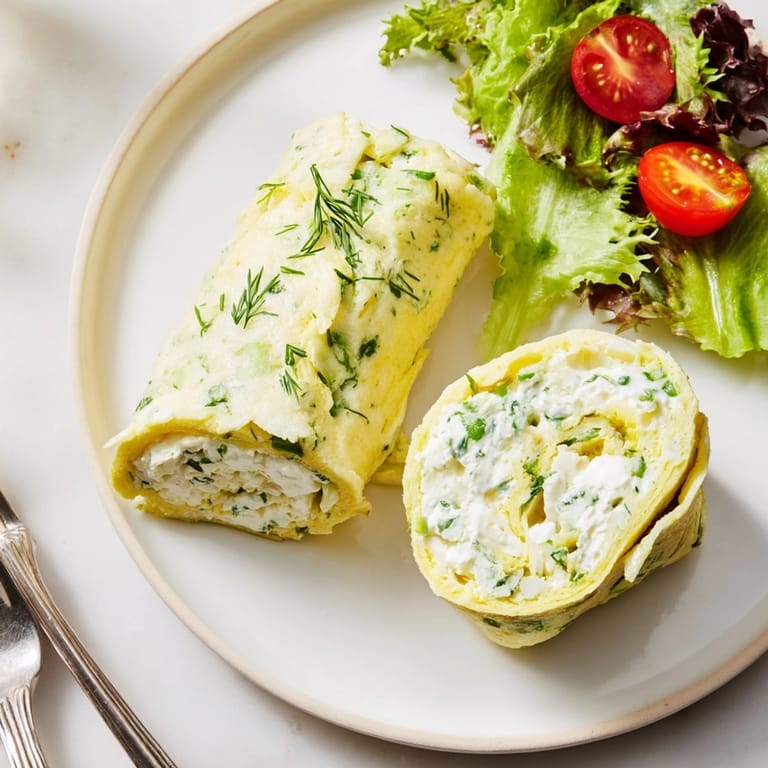 Two sliced Ricotta Herb Omelette Wraps on a plate, nestled beside salad greens.