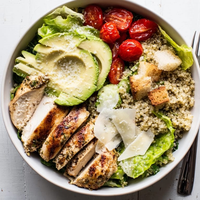 Easy weeknight Avocado Chicken Caesar Grain Bowl: Grilled chicken, grains, and fresh veggies.
