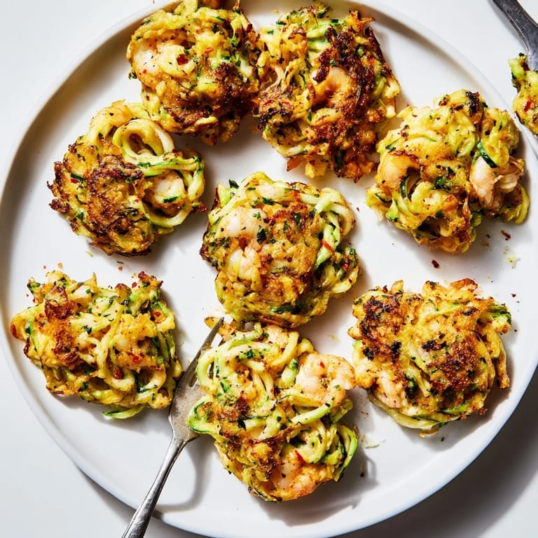 Homemade Shrimp &amp; Ricotta Zoodle Fritters, a light, flavorful dish with zucchini and herbs.