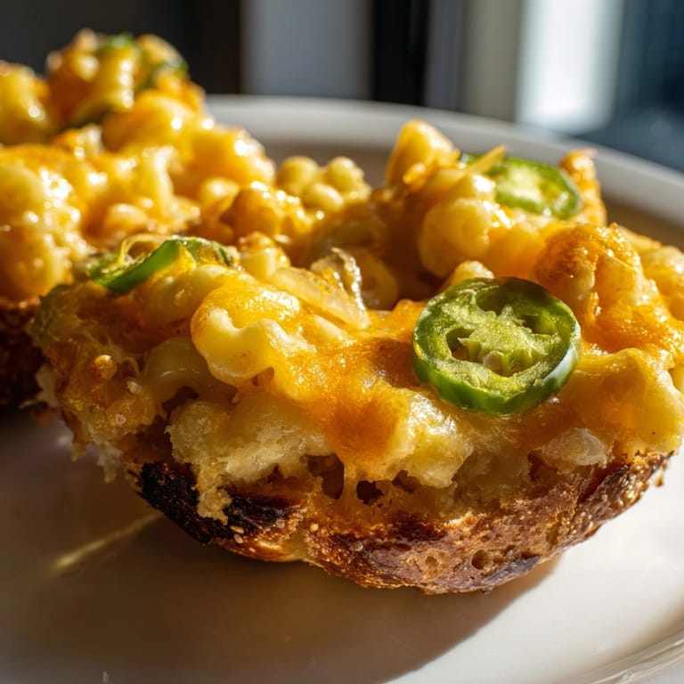Warm, gooey Mac and Cheese Cheddar Jalapeño Bagels, ready for a comforting snack.