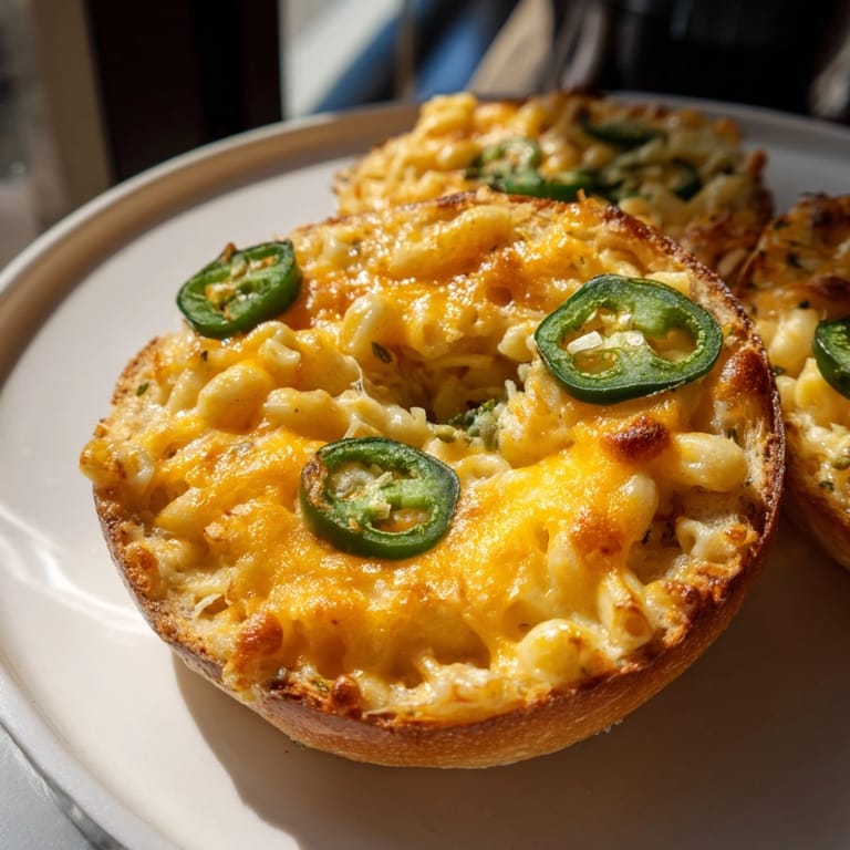 Homemade Mac and Cheese Cheddar Jalapeño Bagels: cheesy comfort food with a spicy kick.