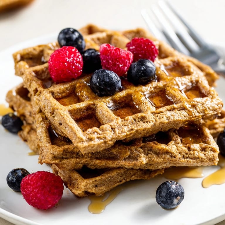 Fluffy Cinnamon Vanilla Oat Waffles: Warm, homemade breakfast with a comforting cinnamon aroma.