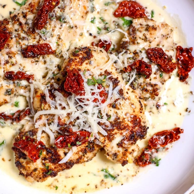 Easy Alfredo Sundried Tomato Chicken Bake with parmesan, Italian herbs ready to be served.